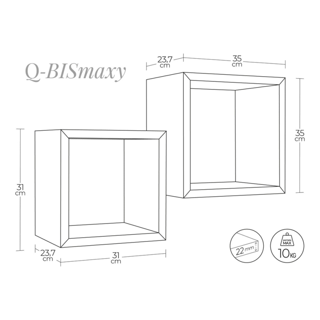Set di 2 Mensole da Muro Modello Q-BIS MAXI, Cubi Arredo, Mensole Cubo, Cubi da Parete. Misure 35x35 p23.7 cm e 31x31 p23.7 cm. Finitura  CILIEGIO - MADE IN ITALY