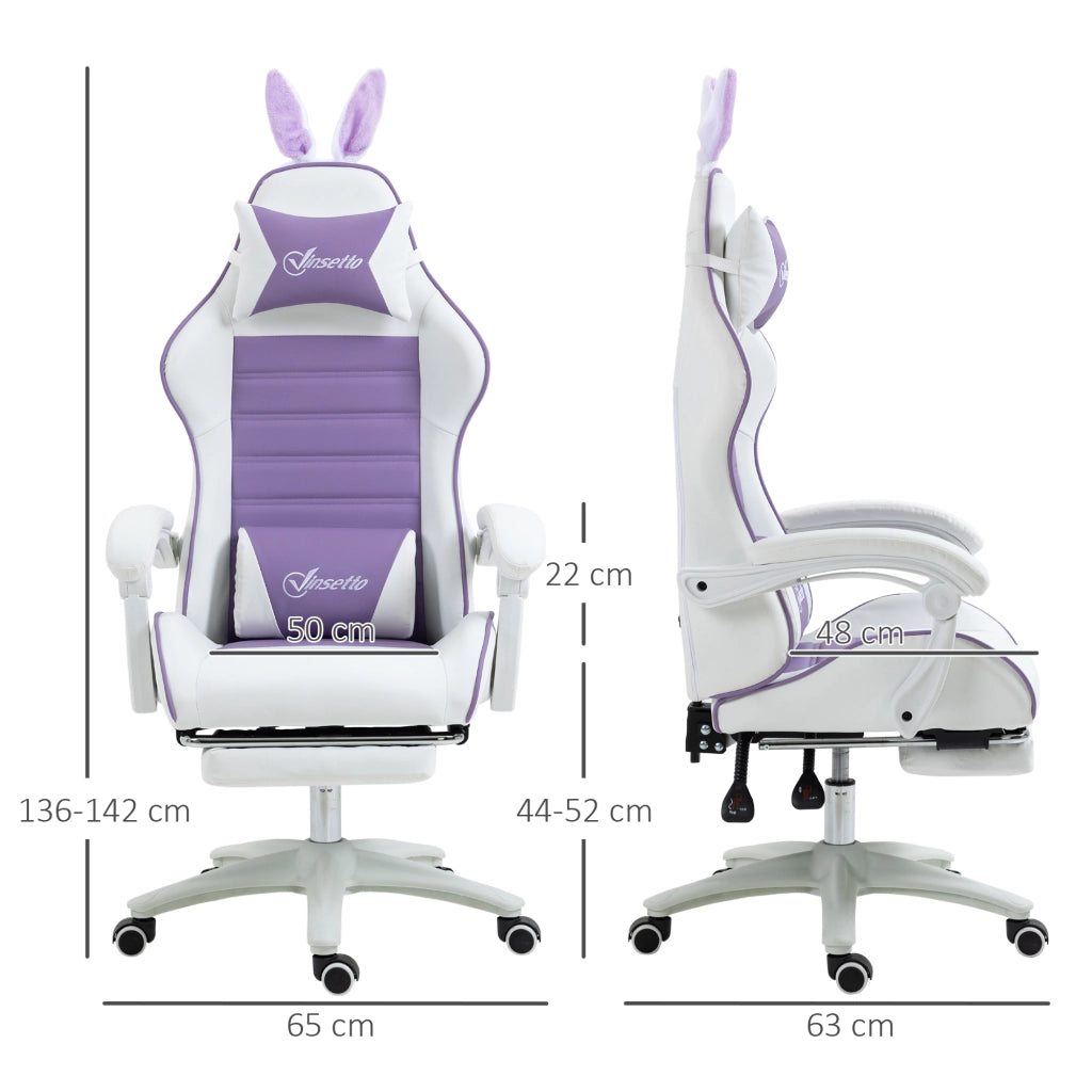Sedia Gaming con Orecchie da Coniglio, Poggiapiedi, Cuscini, Reclinabile e Altezza Regolabile, Viola