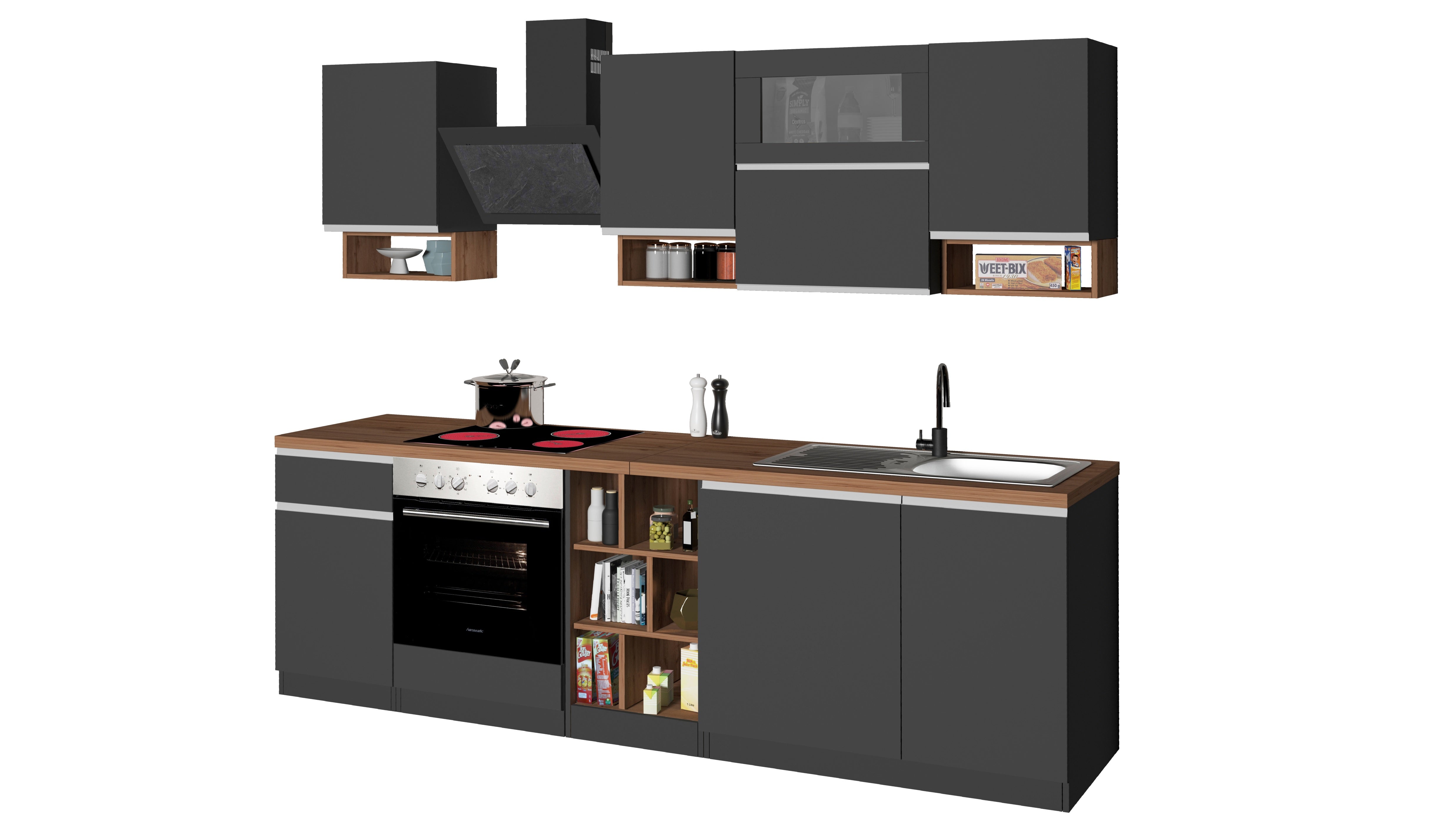 Cucina Lineare SOLE 256 cm - Antracite e Rovere Wotan, Design Moderno