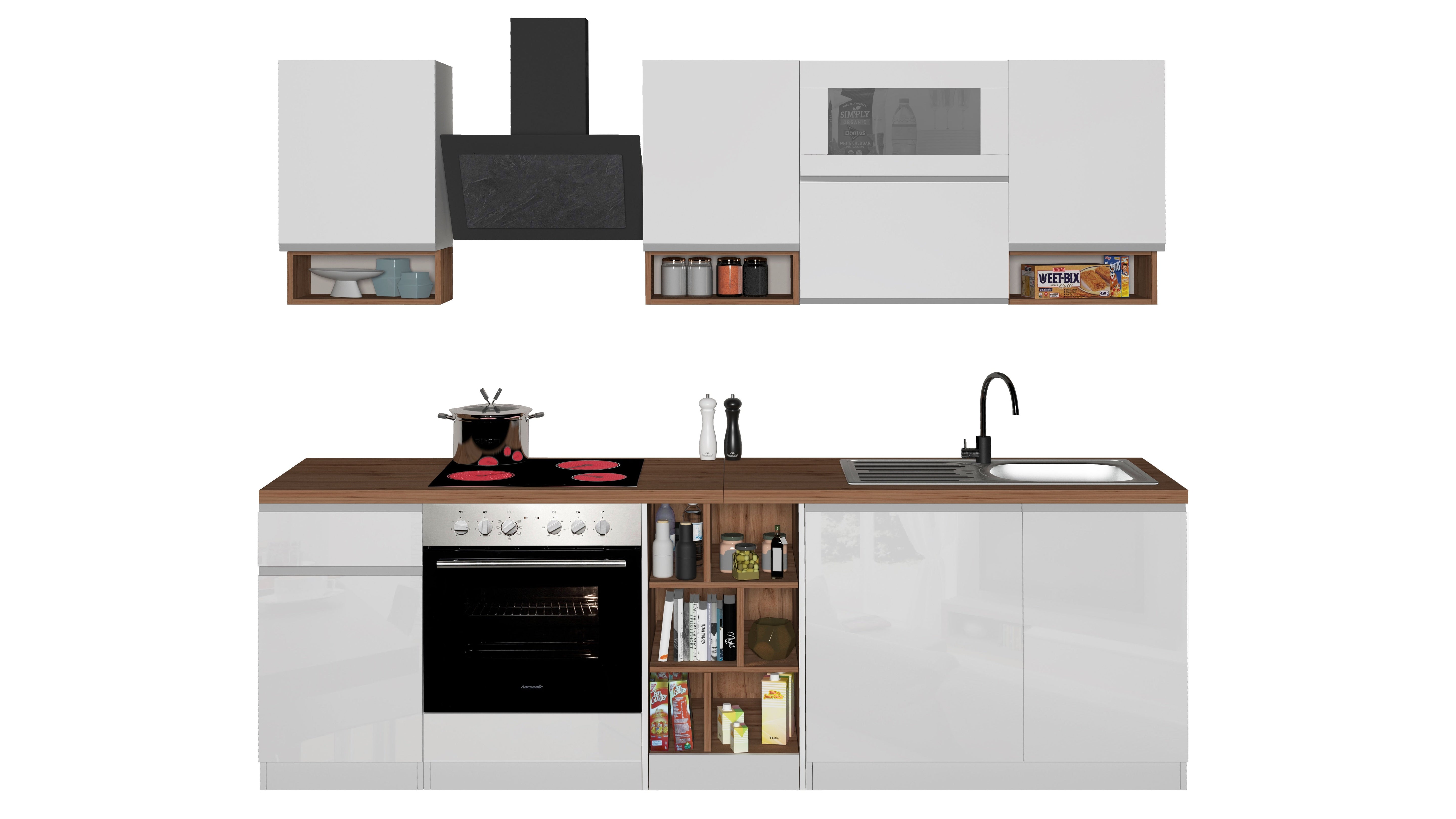 Cucina Lineare SOLE 256 cm - Bianco Lucido e Rovere, Design Moderno