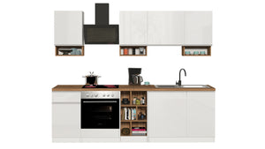 Cucina Lineare SOLE 256 cm - Bianco Lucido e Rovere, Design Moderno Made in Italy