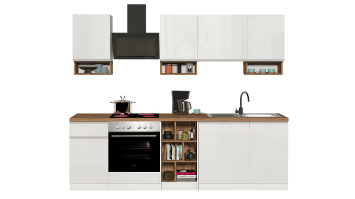 Cucina Lineare SOLE 256 cm - Bianco Lucido e Rovere, Design Moderno Made in Italy