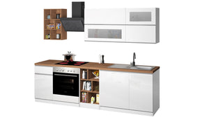 Cucina Lineare Moderna SOLE 256 cm – Bianco Lucido e Rovere, Soft Close