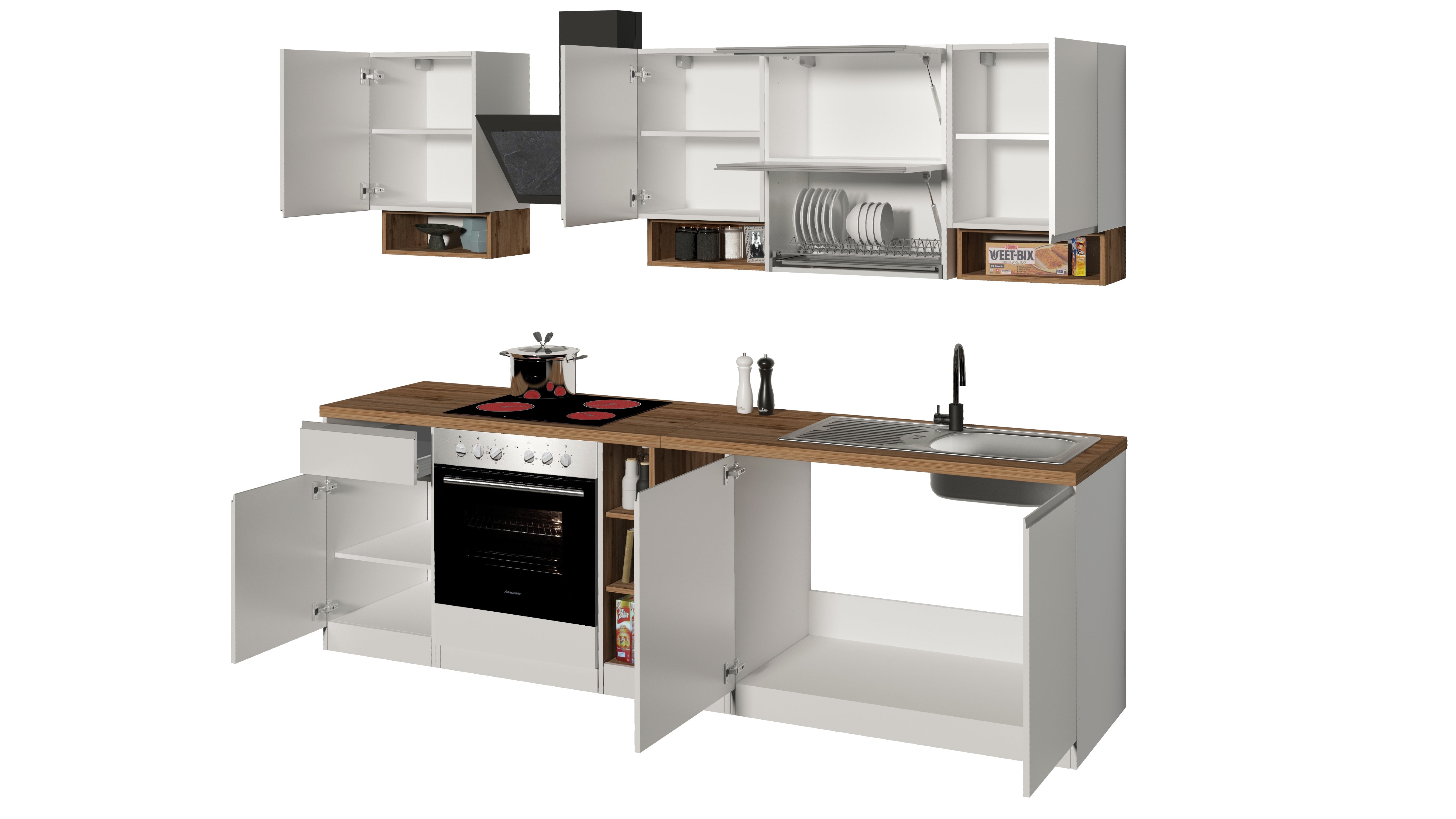 Cucina Lineare SOLE 256 cm - Bianco Lucido e Rovere, Design Moderno