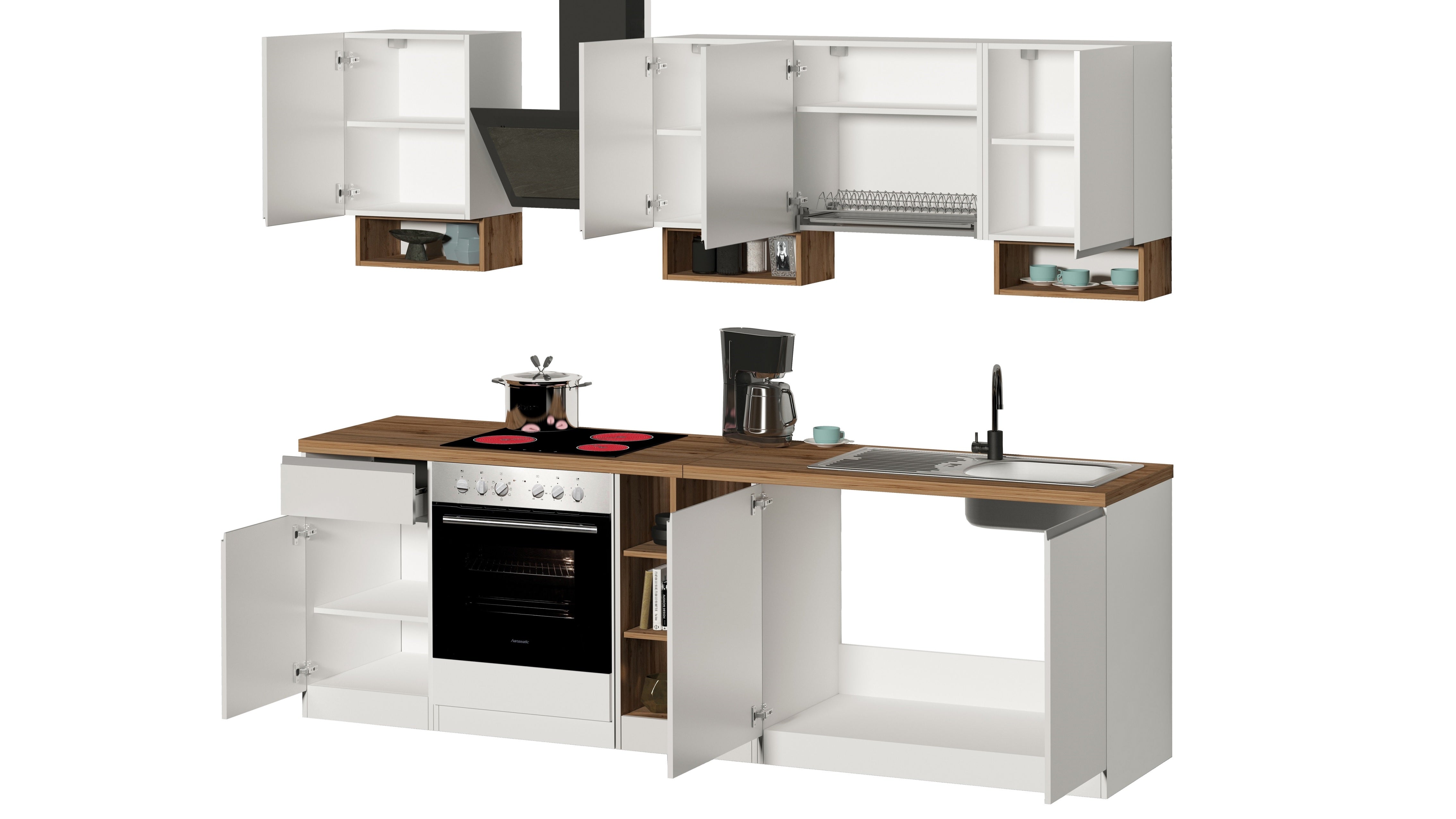 Cucina Lineare SOLE 256 cm - Bianco Lucido e Rovere, Design Moderno Made in Italy