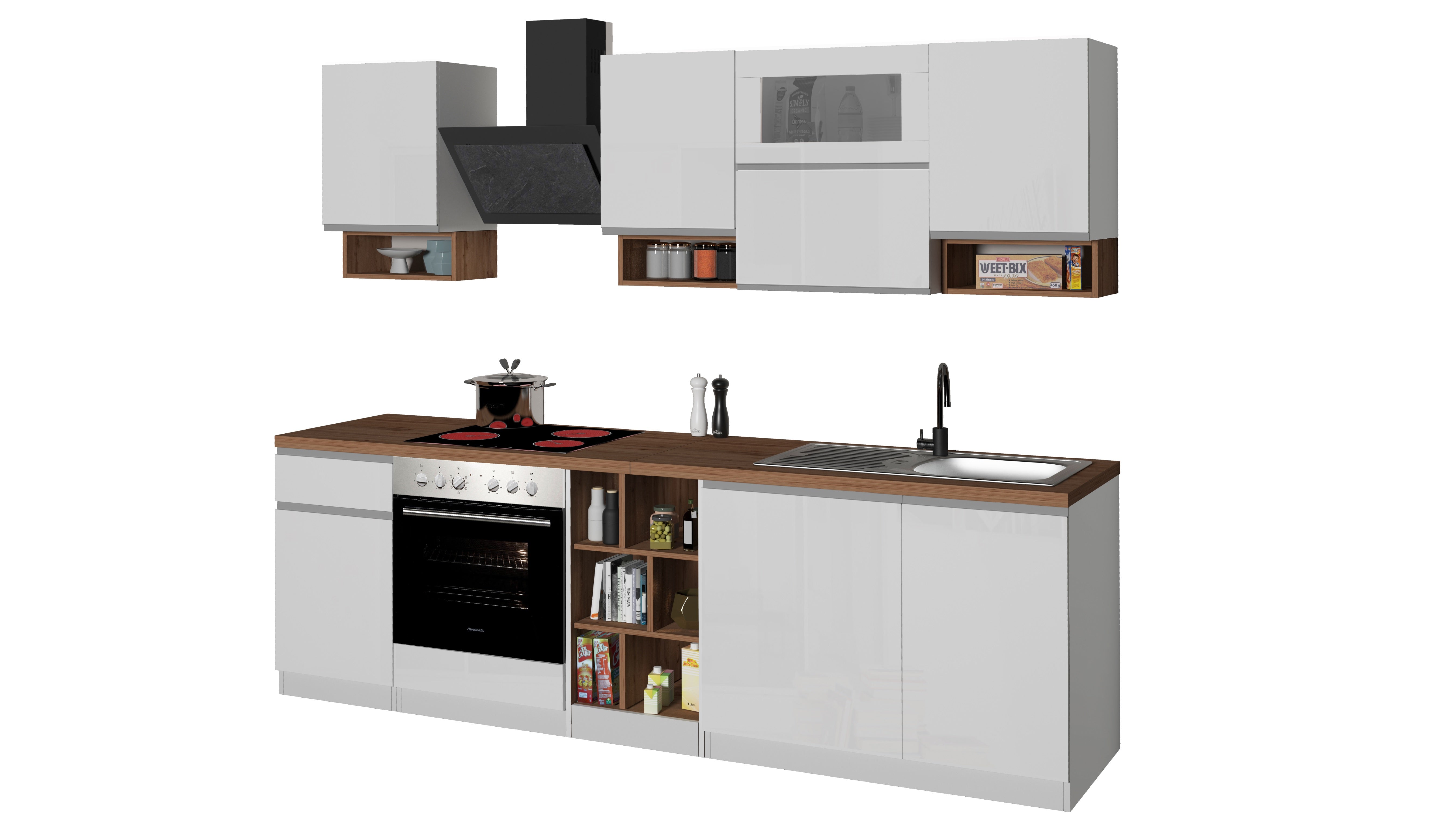 Cucina Lineare SOLE 256 cm - Bianco Lucido e Rovere, Design Moderno