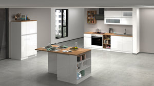 Cucina Lineare Moderna SOLE 256 cm – Bianco Lucido e Rovere, Soft Close
