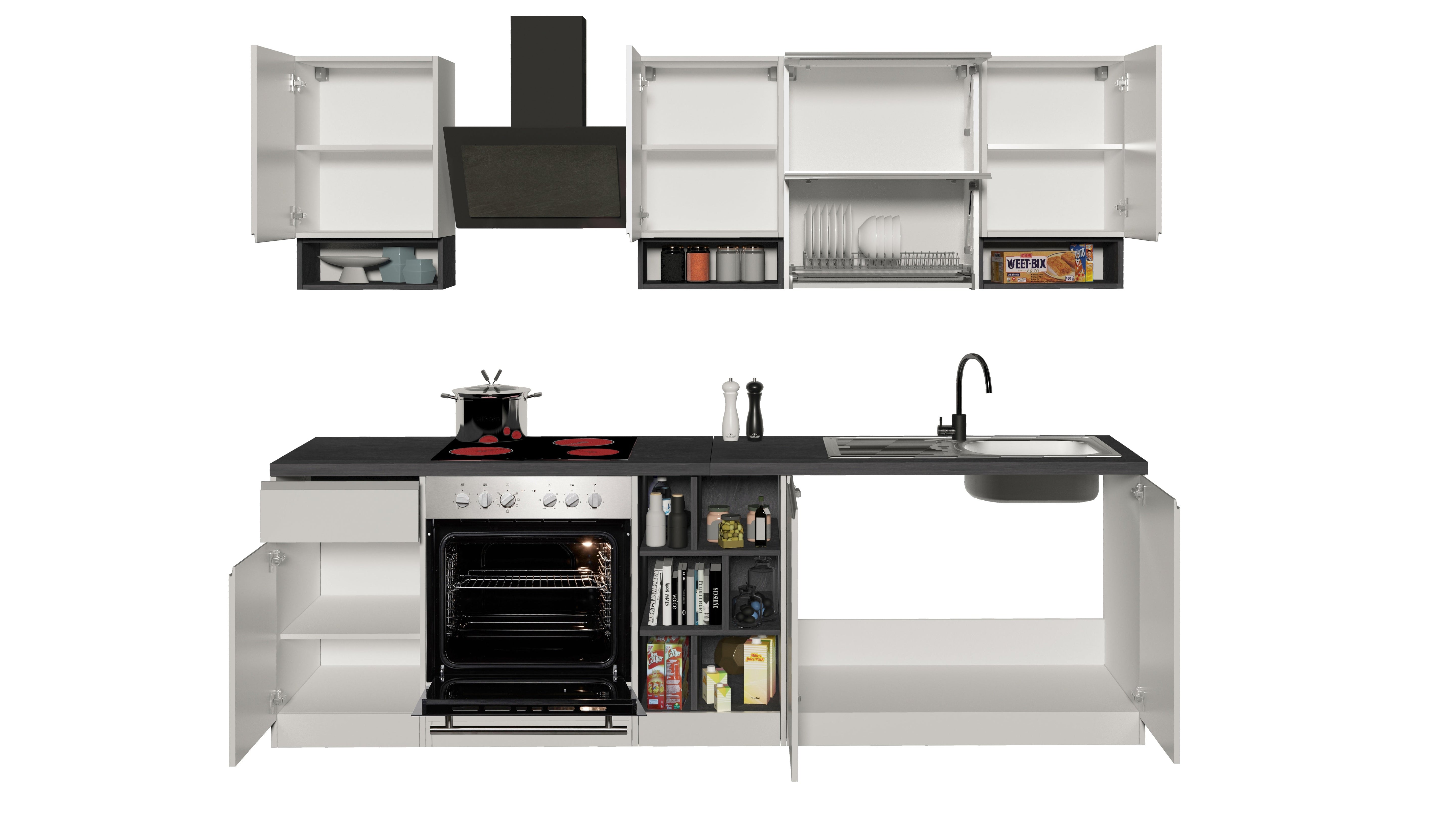 Cucina Lineare SOLE 256 cm - Bianco e Report, Design Moderno Made in Italy