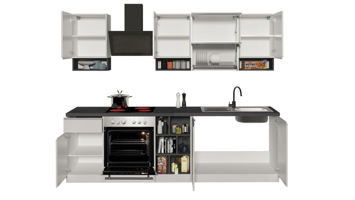 Cucina Lineare SOLE 256 cm - Bianco e Report, Design Moderno Made in Italy