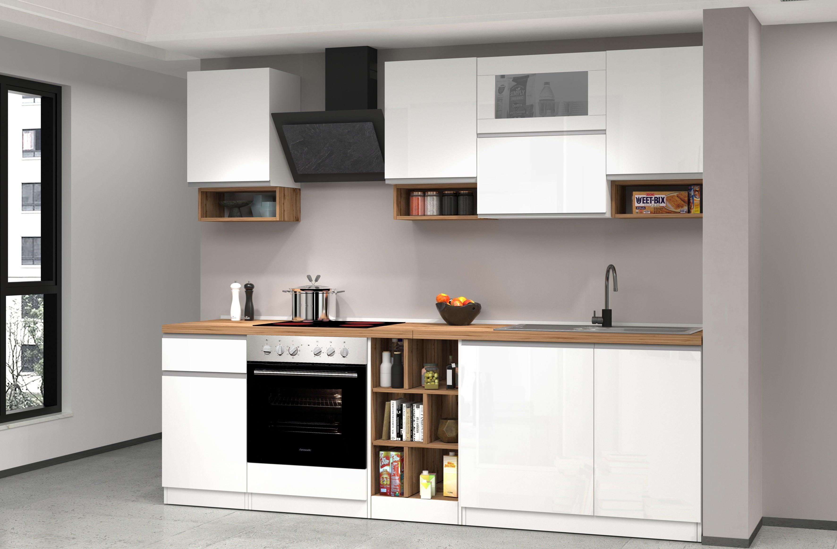 Cucina Lineare SOLE 256 cm - Bianco Lucido e Rovere, Design Moderno