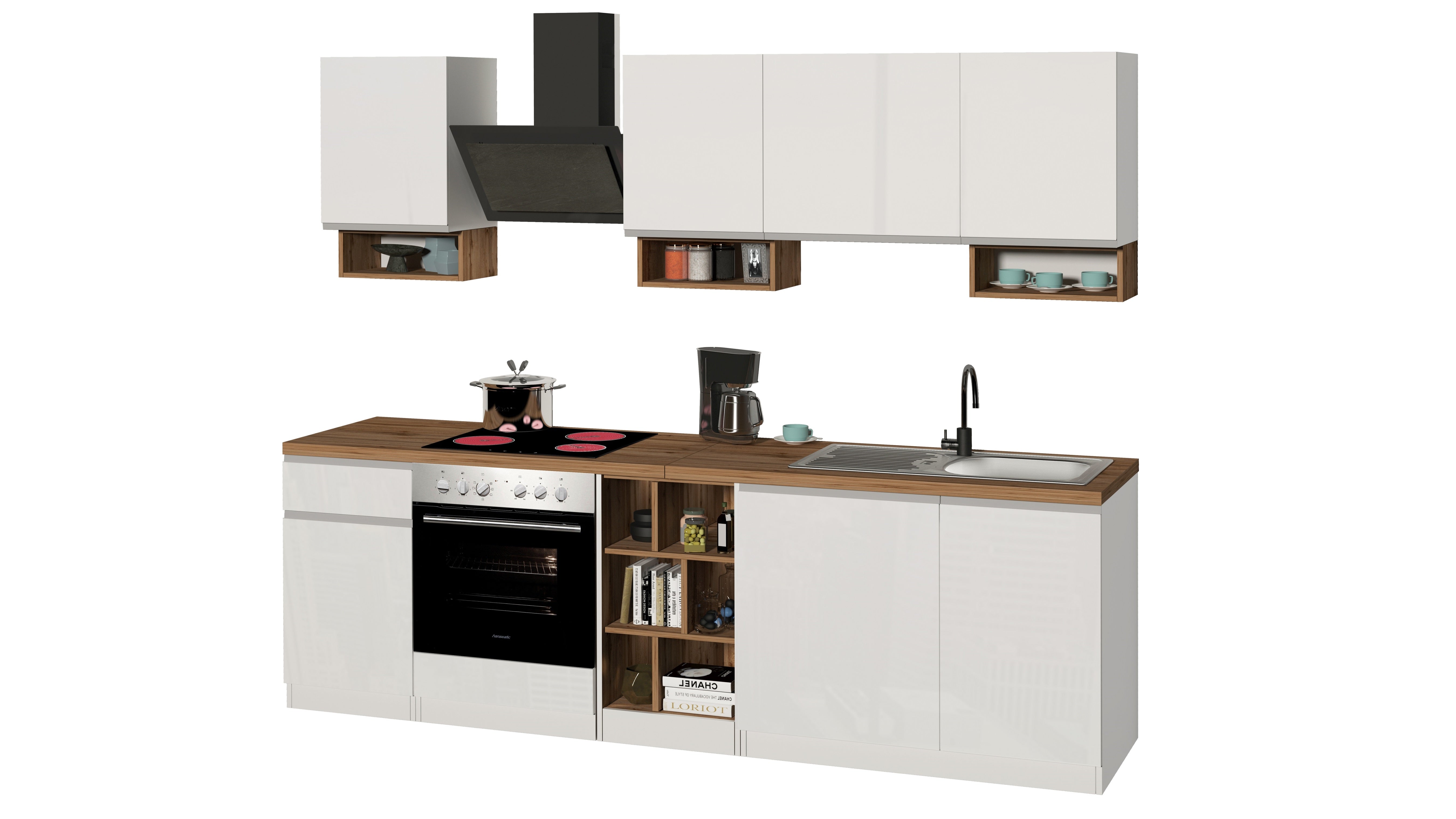 Cucina Lineare SOLE 256 cm - Bianco Lucido e Rovere, Design Moderno Made in Italy