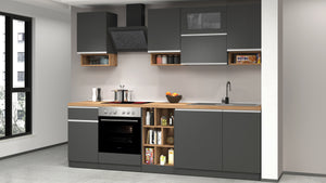 Cucina Lineare SOLE 256 cm - Antracite e Rovere Wotan, Design Moderno