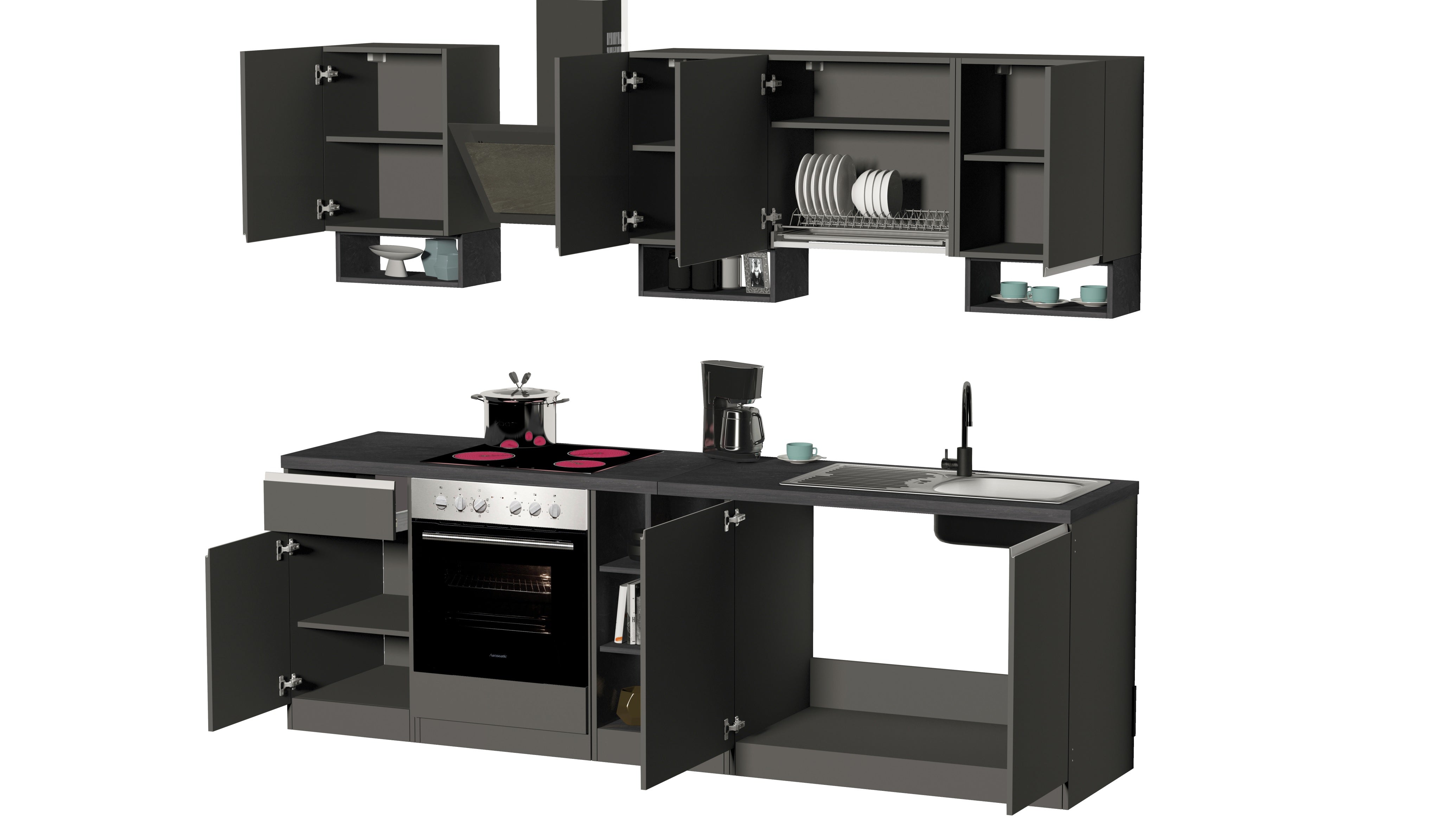 Cucina Lineare SOLE 256 cm - Antracite/Report, Top 35 mm