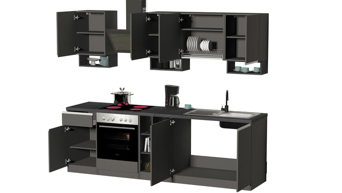 Cucina Lineare SOLE 256 cm - Antracite/Report, Top 35 mm