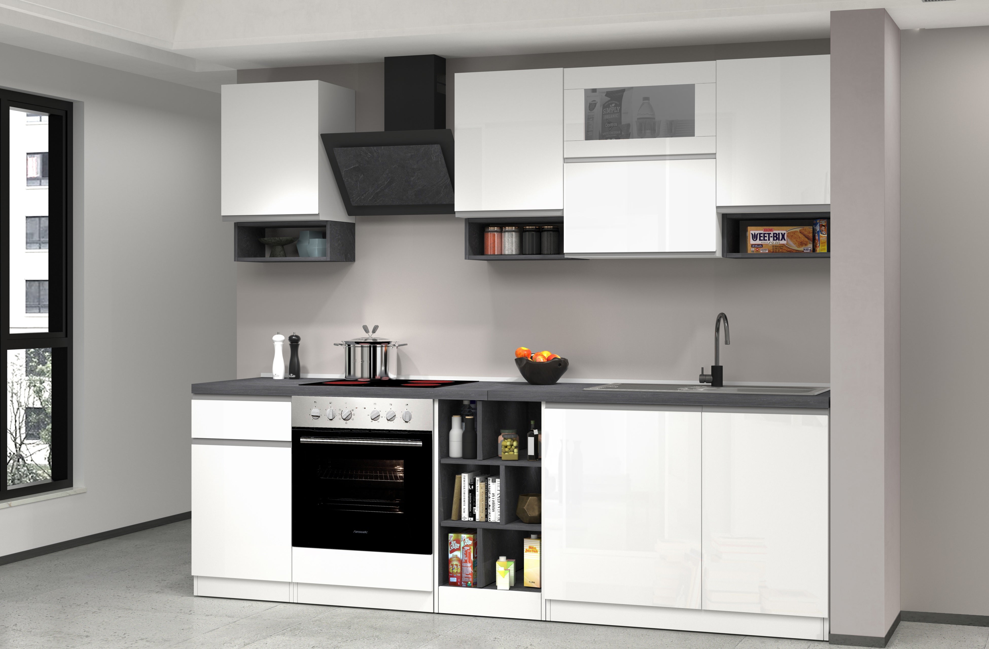 Cucina Lineare SOLE 256 cm - Bianco e Report, Design Moderno Made in Italy