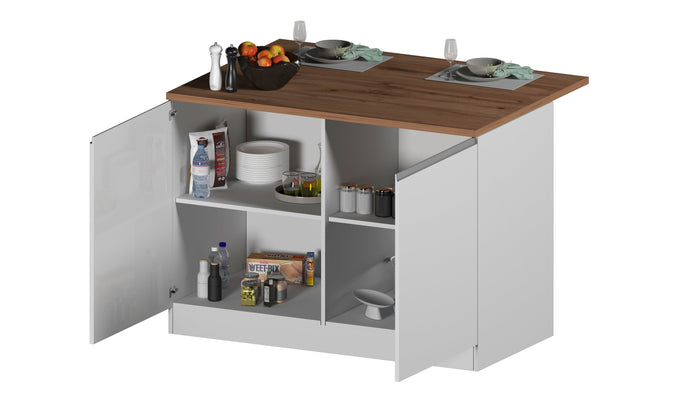 Isola Cucina SOLE 2 Ante – Bianco lucido/Rovere 125x90x90 cm, Made in Italy