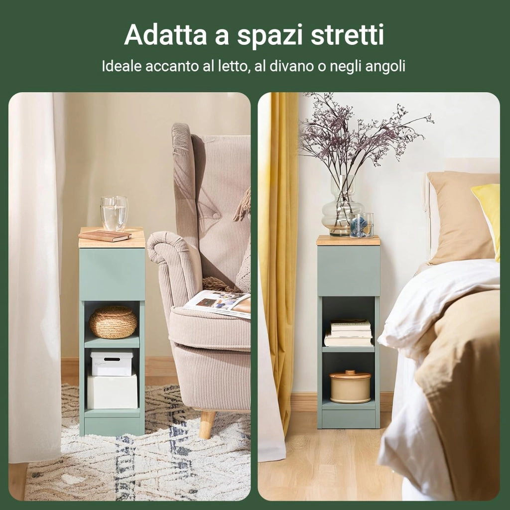 Comodino camera da letto Stretto, comodino con cassetto e 2 ripiano, comodini per camera da letto e soggiorno, Tavolino da letto Verde L20 x P35 x A61 cm FBT111-GR