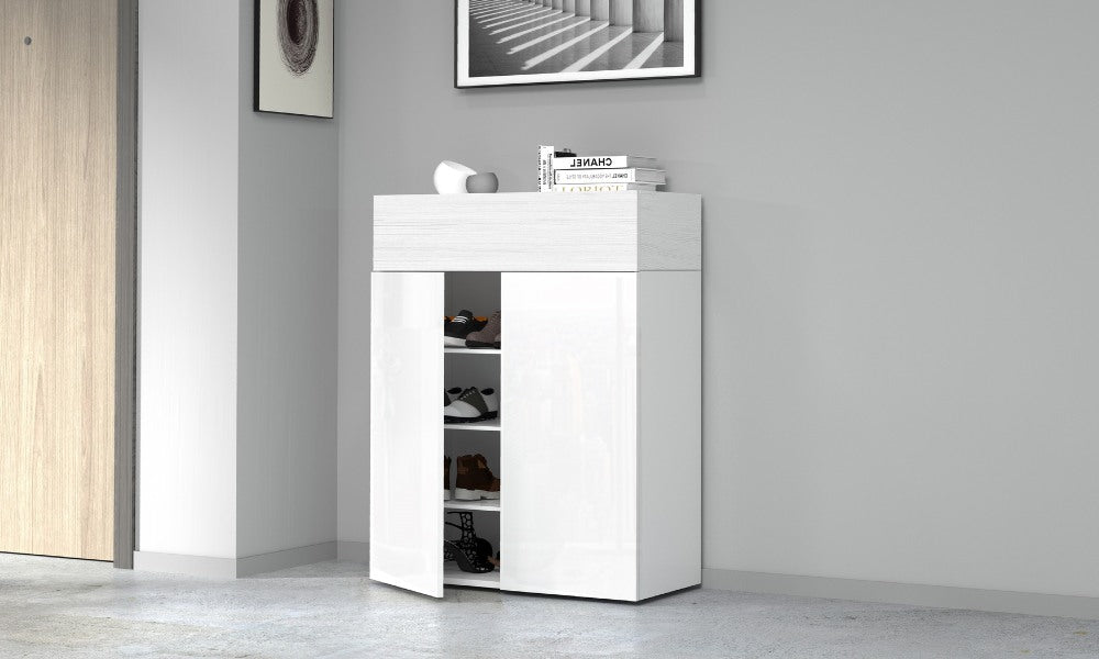 Scarpiera SAVONA - 2 Ante Battenti e 1 Ribalta, Bianco Lucido/Bianco Larice