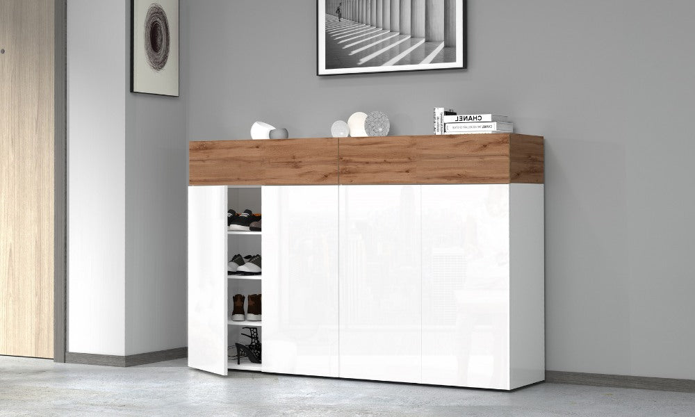 Scarpiera SAVONA 4 Ante e 2 Ribalta - Bianco Lucido/Rovere Wotan, Moderna e Capiente