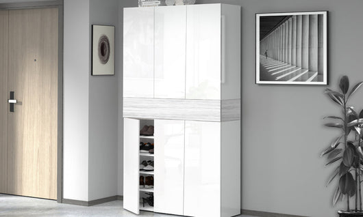 Scarpiera SAVONA 6 Ante e 1 Ribalta - Bianco Lucido/Bianco Larice, Moderna e Capiente