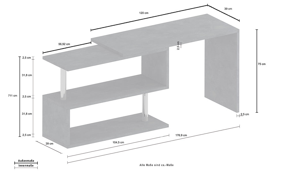 Scrivania Girevole Design VOLTA – 120x65x75 cm, Ripiani Aperti Rovere