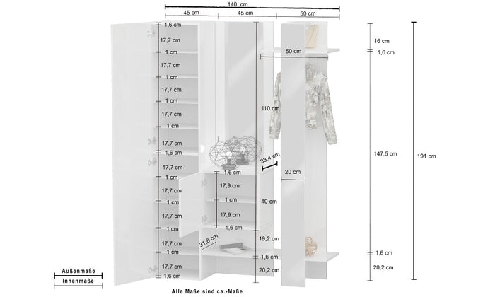Set ingresso KOMPACT 3 pezzi - 140x35x191 cm, legno riciclato, Made in Italy