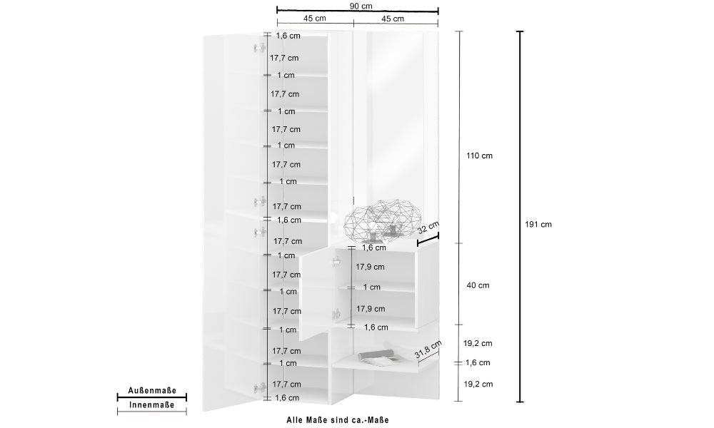 Set Ingresso Moderno KOMPACT 2 Pezzi – 90x35x191 cm, Specchio e 10 Ripiani