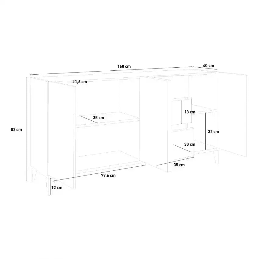 Sunrise Sideboard 3 Ante + 3 Cassetti 160 x 40 x 82 cm in Bianco Laccato e Acero Pereira