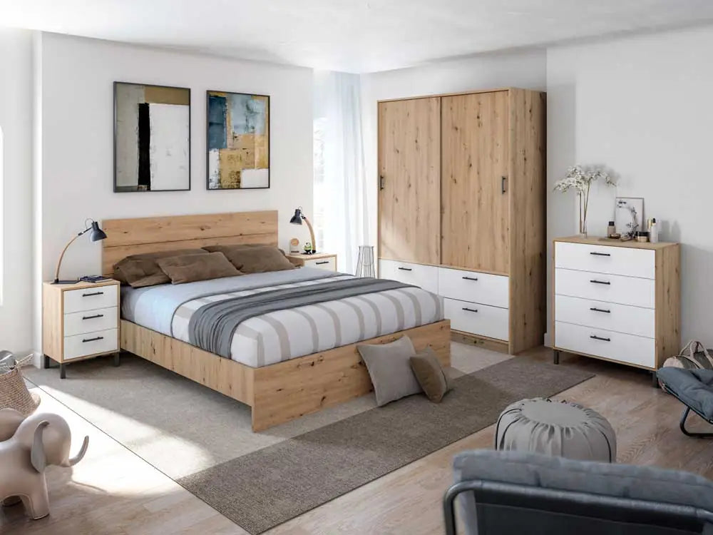 Testiera Letto con 2 Comodini Bianco Artik e Rovere Nodi – 240x101x33 cm