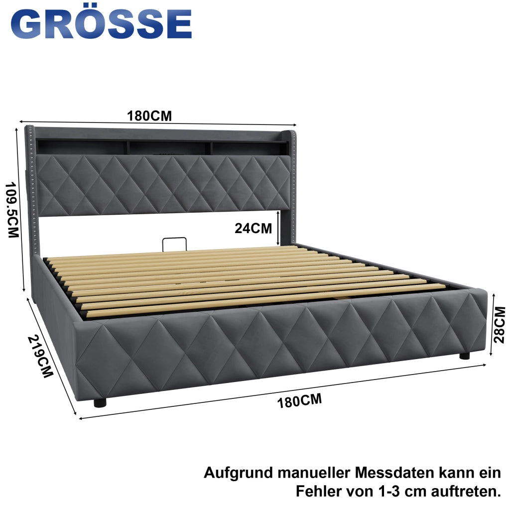 Letto Imbottito 180x200 cm con Contenitore, LED e USB, Grigio Scuro