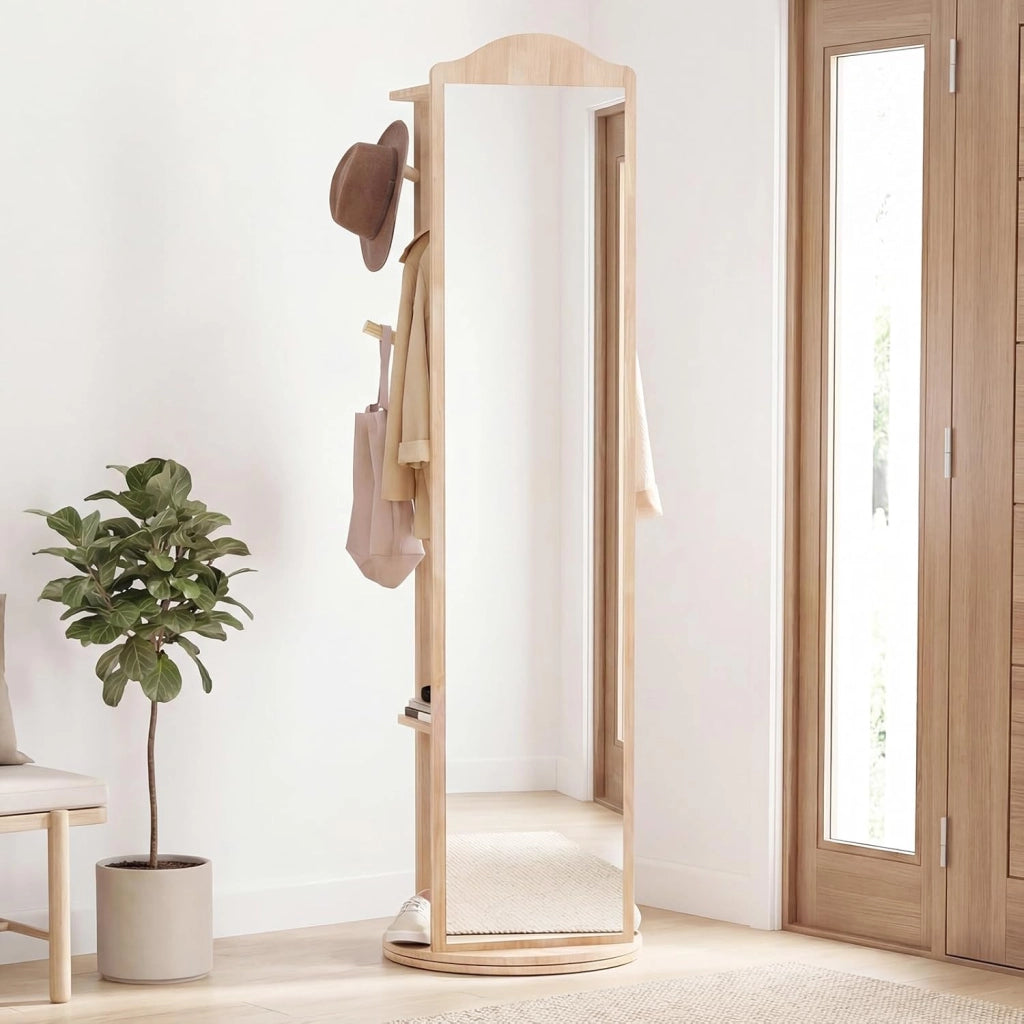 Appendiabiti Girevole a 360° con Specchio, Specchio a Figura Intera da Terra con Ripiani e Ganci, Appendiabiti per Soggiorno, Camera da Letto e Guardaroba (Stile 2)