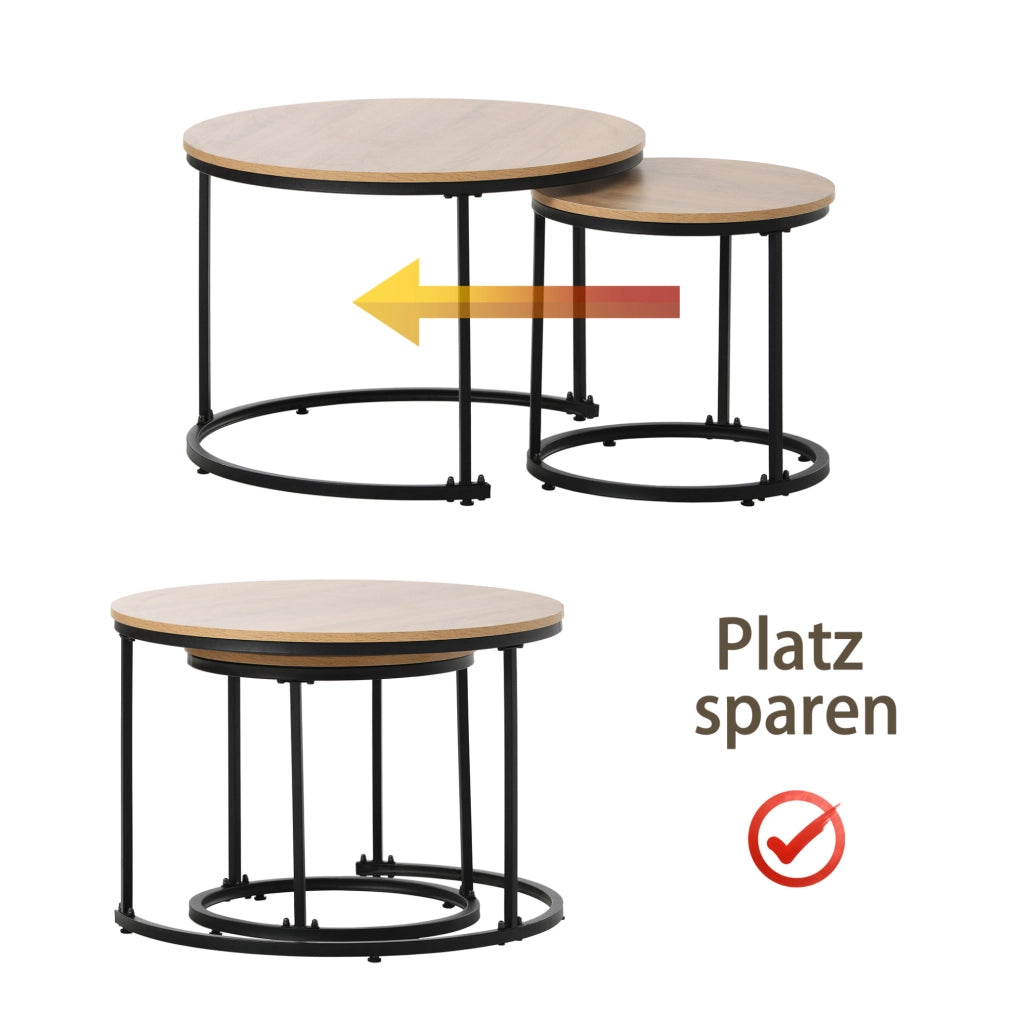 Set 2 tavolini da salotto rotondi impilabili in MDF effetto rovere con struttura in metallo