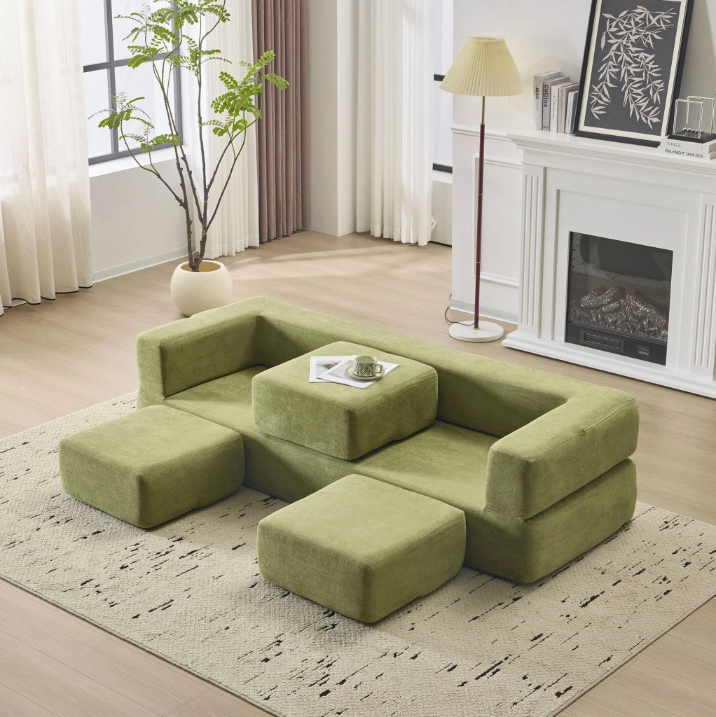 Divano letto da pavimento modulare in ciniglia verde