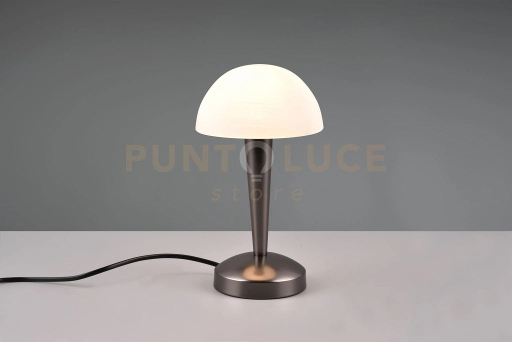 CANARIA LAMPADA DA TAVOLO METALLO CROMO NERO E VETRO SATINATO TOUCH CON LAMPADINE DIMMERABILE INCLUSA ATTACCO E14  4,9W 470lm, 3000K H. 26,5CM