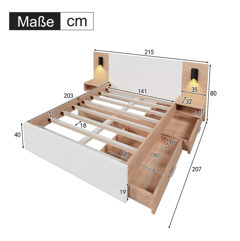 Letto matrimoniale 140x200 cm in legno massiccio e MDF con 2 cassetti; luce da lettura; USB e materasso