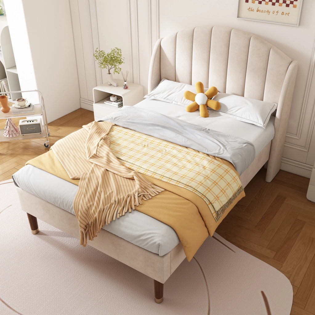 Letto singolo imbottito beige 90x200 cm con rete a doghe