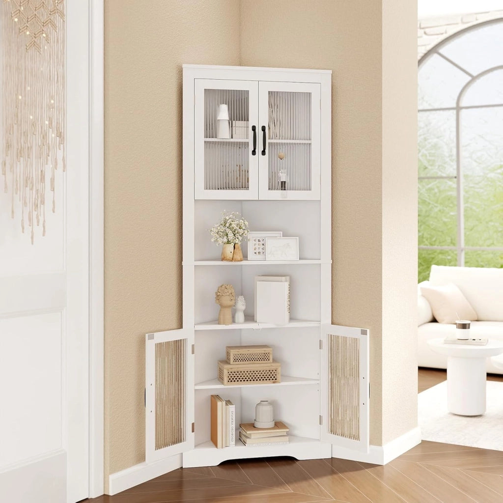 Armadio Angolare 66 x 35 x 171 cm, Mobile Bagno Triangolare Salvaspazio con 4 Ante in Vetro Temperato e Ripiani Regolabil, Mobile Angolare per Soggiorno, Cucina e Sala da Pranzo (Bianco)