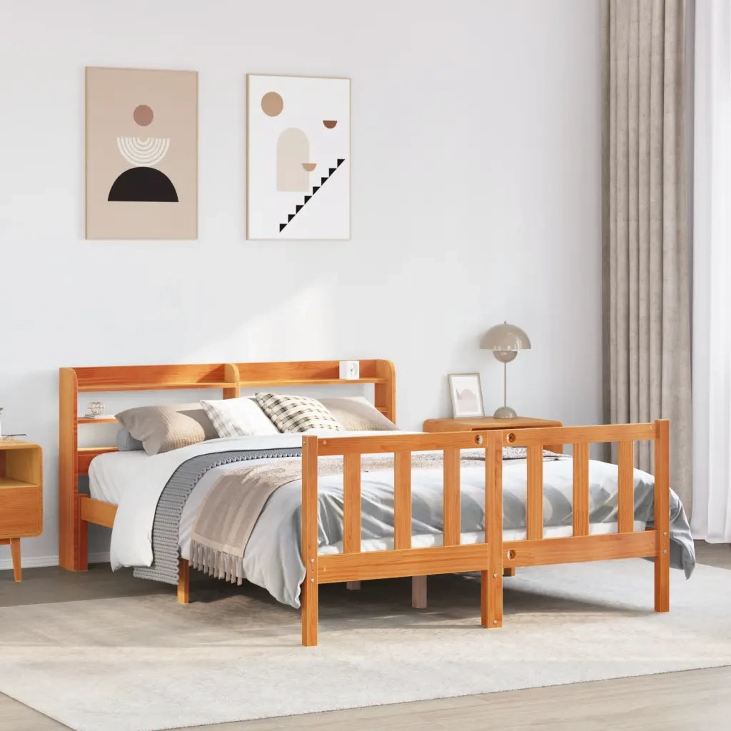Giroletto con Testiera-Struttura Letto con testiera Marrone Cera 150x200 cm Massello Pino 435041