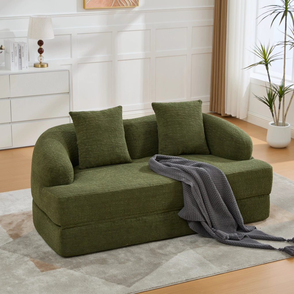 Divano letto pieghevole in chenille verde, design multifunzionale per ambienti moderni