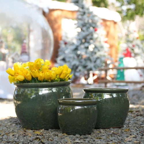 Fioriera a più livelli in ceramica smaltata lucida set 3 pezzi blu verde anticato per interni e esterni