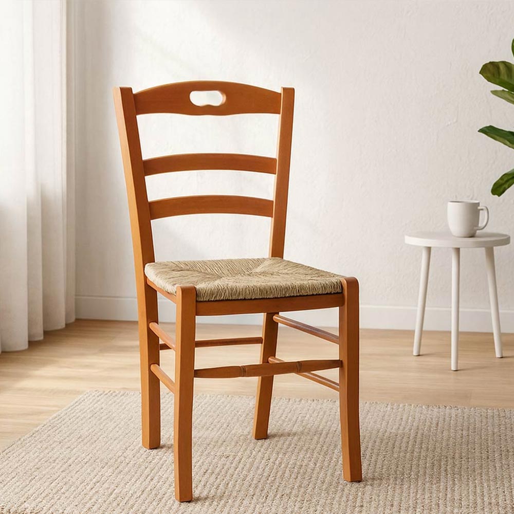 Sedia da sala da pranzo loris in legno in ciliegio con seduta in paglia