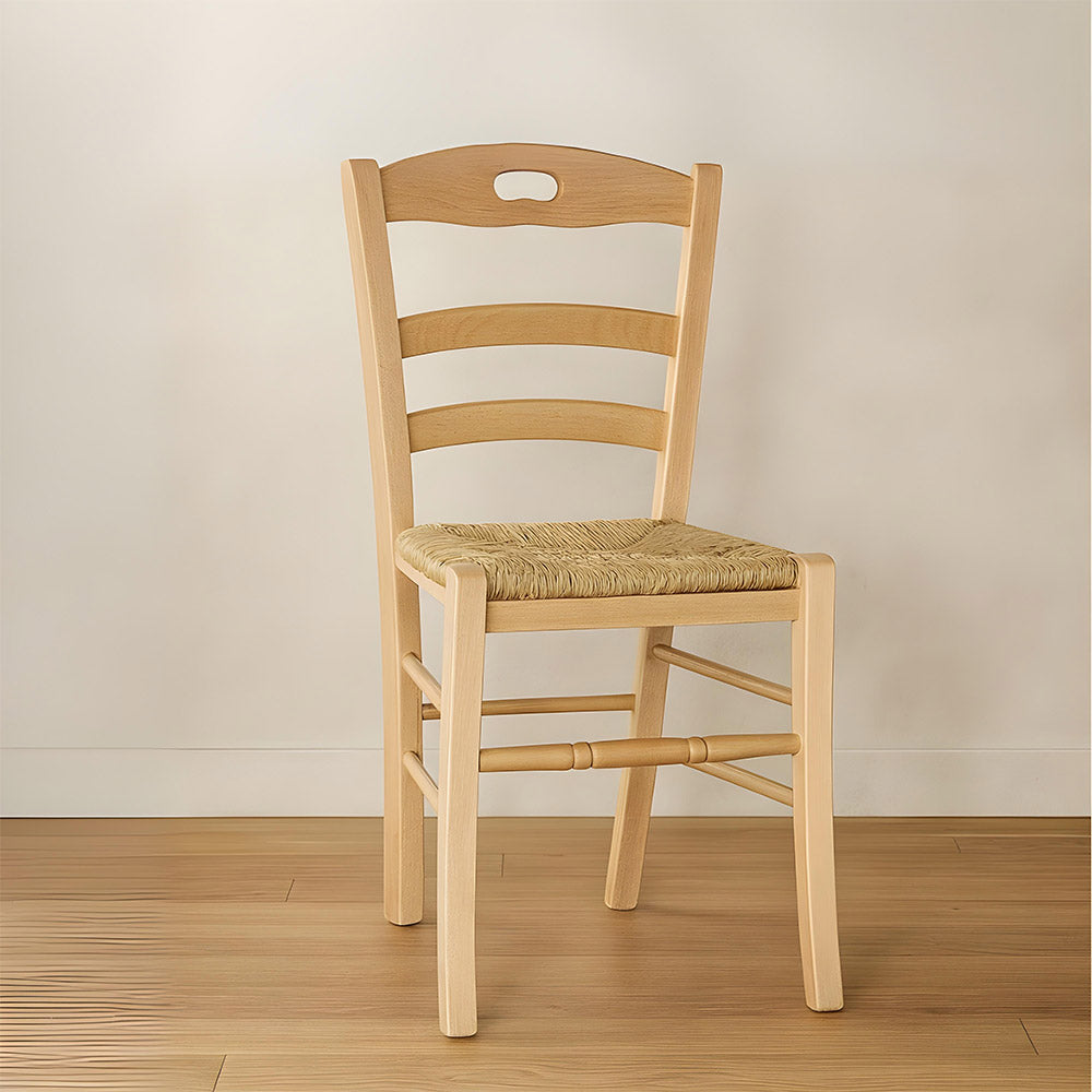 Sedia da cucina Loris in legno naturale con seduta in paglia per casa ristorante