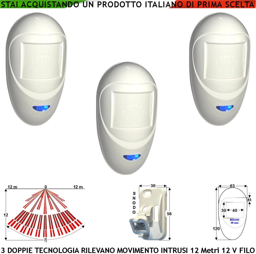 Doppia Tecnologia Grandangolo 3 Sensori di Movimento x Allarme Portata 12 MT da Interno Rilevano Intrusi Alim. 12 V Assorb. 40 mA Infrarosso Lente 18 Fasci su 4 Piani ERS Contenitore Bianco Snodo ABS