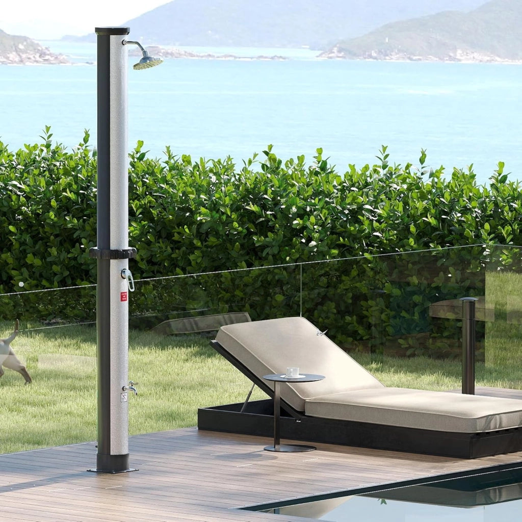 Doccia solare da giardino, 40 l, con cappa protettiva, per esterni, con rubinetto, soffione a pioggia, per giardino, piscina, campeggio, fino a 60 °C, colore: argento