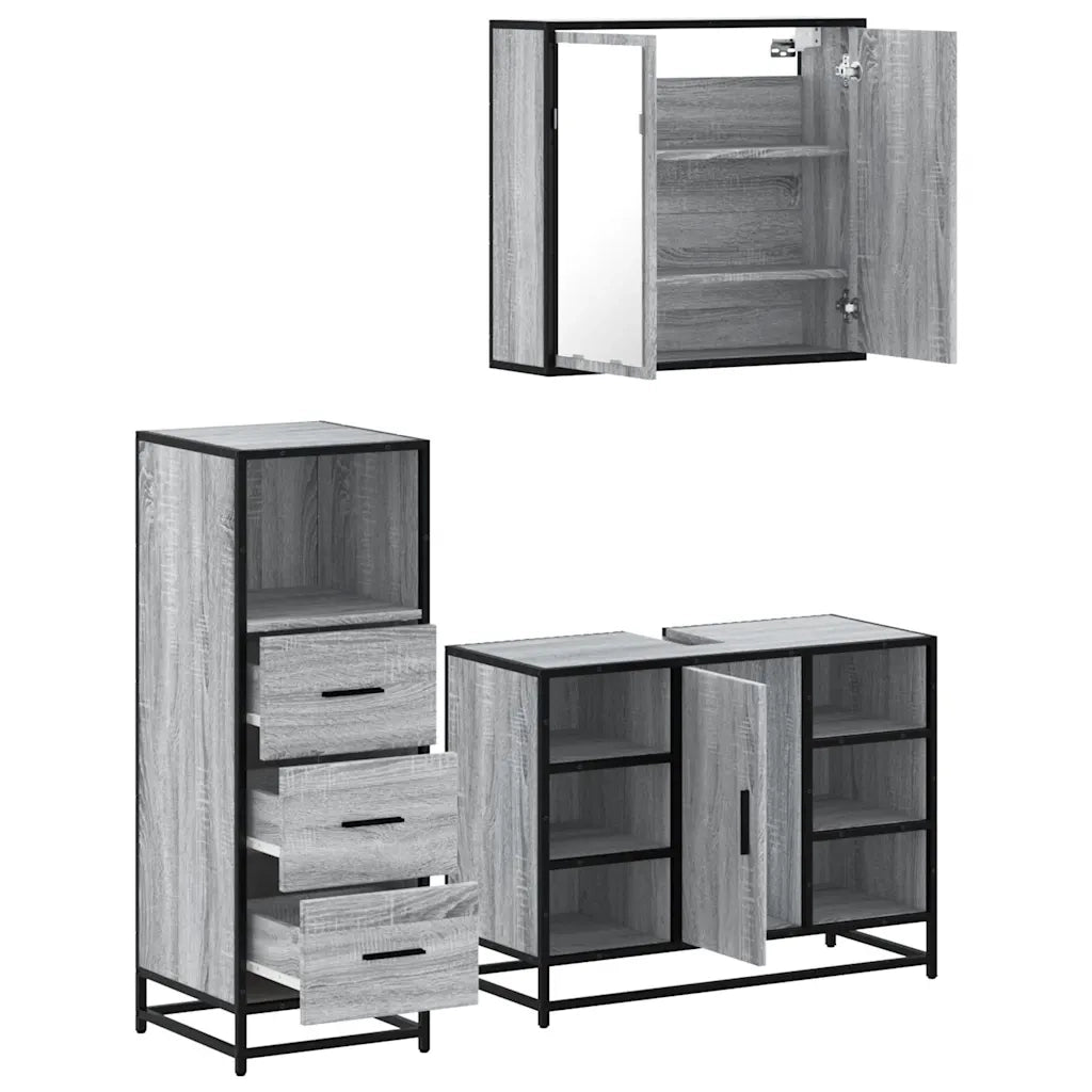 Set Mobili da Bagno 3 pz Grigio Sonoma in Legno Multistrato 3301033