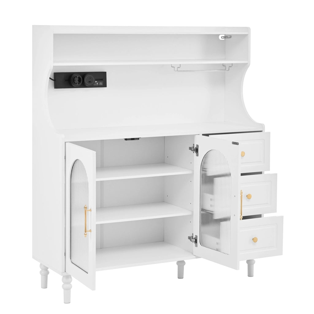 Mobile bar con 3 cassetti e ripiani regolabili; portabicchieri e presa; per cucina e sala da pranzo; 120×40×138.5 cm; bianco
