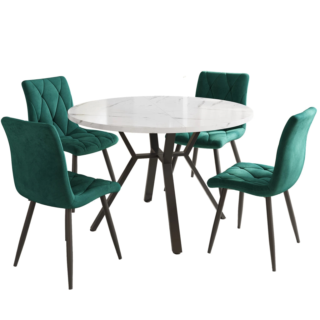 Tavolo da pranzo rotondo con 4 sedie in MDF con finitura effetto marmo, base in metallo nero, per sala da pranzo