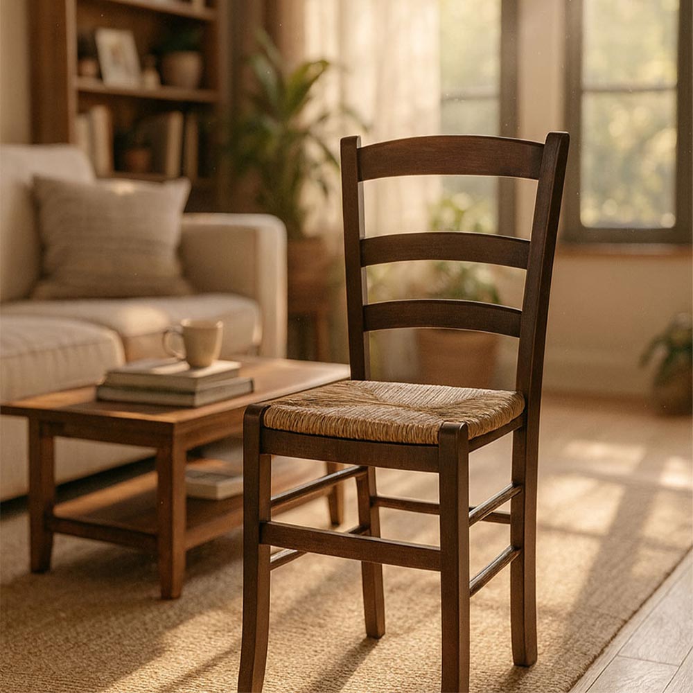 Sedia da pranzo Paesana in legno noce scuro con seduta in paglia cucina casa