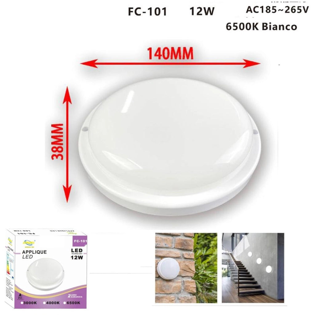 PLAFONIERA APPLIQUE LED SOFFITTO IP65 12W LUCE BIANCO FREDDO 6500K FC-101