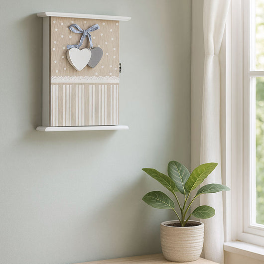Cassetta portachiavi per casa appendichiavi da parete in legno bianco cuori blu